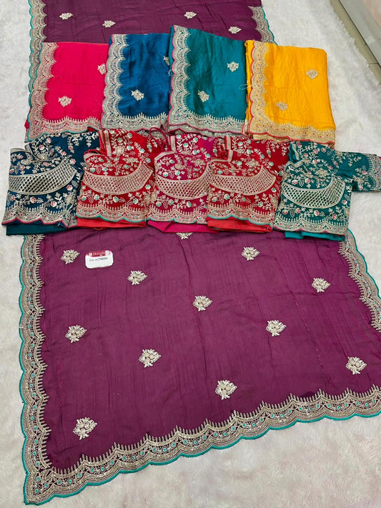 BS-ROHINI SATIN FABRIC SAREE WITH BEAUTIFUL DESIGN WITH EMBROIDERY WORK WITH HEAVY JARKAN WORK ON SAREE WITH CUTWORK AND TRENDING SAREE WITH HEAVY STICHED BLOUSE