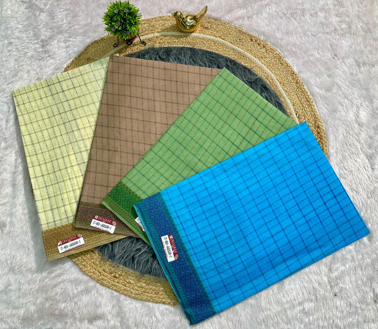CT-NEW-JAADUGARI-2 SUTI COTTON FABRIC SAREE WITH BEAUTIFUL CHECKS DESIGN ALL OVER ON SAREE AND WITHOUT BLOUSE
