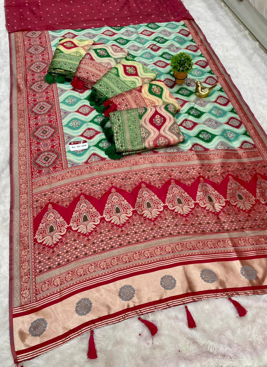 AJ-KRISHA RAPIER COTTON SAREE WITH RICH PALLU AND LAGNI WITH RANGKAT DESIGN ON BODY AJRAK TOUCHUP ON DAMAN FULL WEAVING DESIGN WITH CONTRAST BLOUSE
