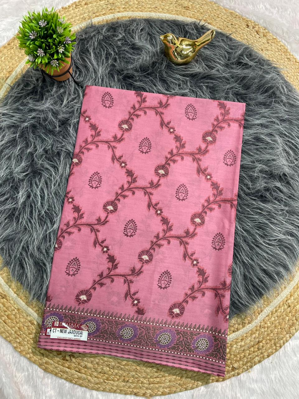 CT-NEW JAADUGARI SUTI COTTON FABRIC SAREE WITH BEAUTIFUL JHAL DESIGN ALL OVER ON SAREE WITH BLOUSE