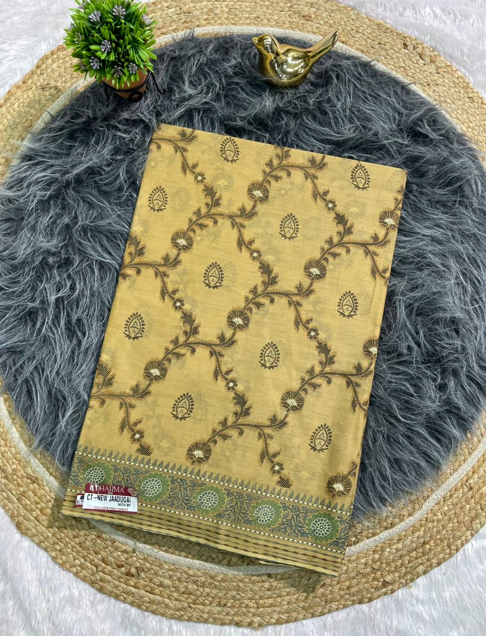 CT-NEW JAADUGARI SUTI COTTON FABRIC SAREE WITH BEAUTIFUL JHAL DESIGN ALL OVER ON SAREE WITH BLOUSE