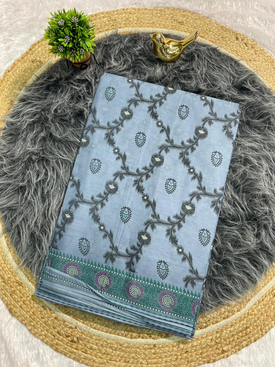 CT-NEW JAADUGARI SUTI COTTON FABRIC SAREE WITH BEAUTIFUL JHAL DESIGN ALL OVER ON SAREE WITH BLOUSE