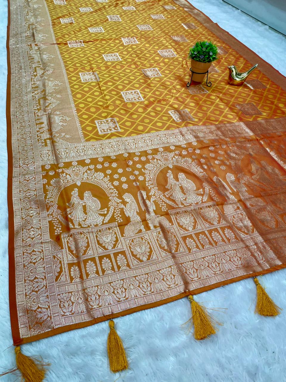 AJ-AALIA 50/600 SOFT SILK SAREE WITH VARMALA JODA IN PALLU WITH KALASH DESIGN ON BODY WITH BEAUTIFUL DAMAN DESIGN VIRAL DESIGN WITH BUTTI BLOUSE