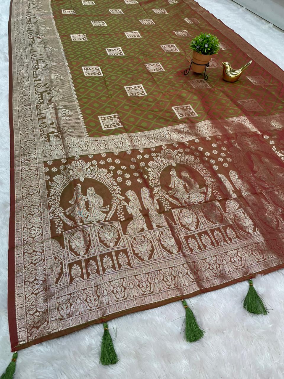 AJ-AALIA 50/600 SOFT SILK SAREE WITH VARMALA JODA IN PALLU WITH KALASH DESIGN ON BODY WITH BEAUTIFUL DAMAN DESIGN VIRAL DESIGN WITH BUTTI BLOUSE