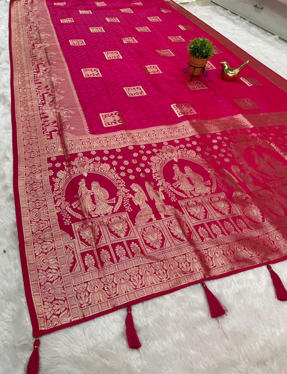 AJ-AALIA 50/600 SOFT SILK SAREE WITH VARMALA JODA IN PALLU WITH KALASH DESIGN ON BODY WITH BEAUTIFUL DAMAN DESIGN VIRAL DESIGN WITH BUTTI BLOUSE
