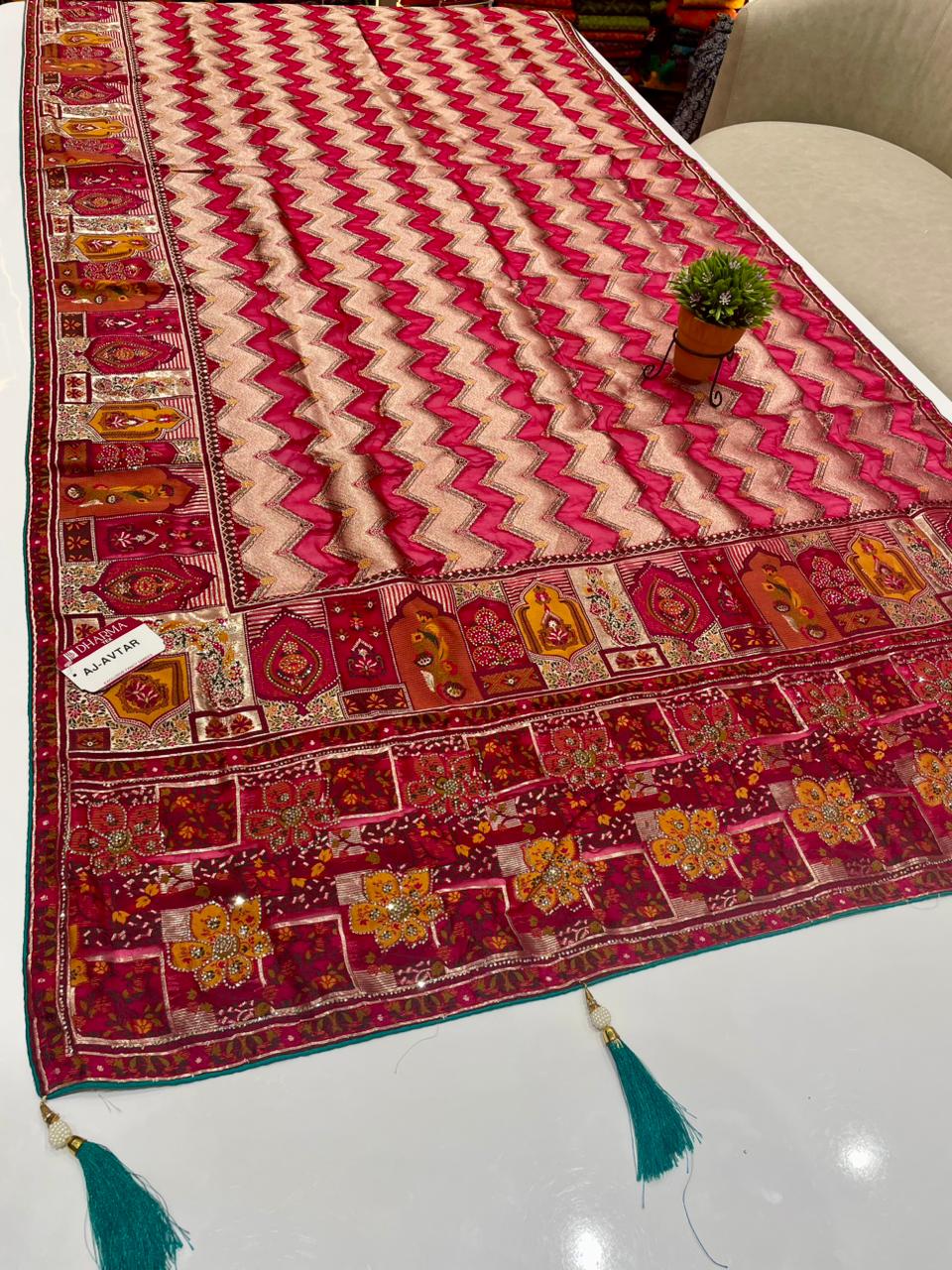 AJ-AVTAR FENDI SATIN SILK SAREE WITH POSITION STYLE WEAVING DESIGN WITH HEAVY PALLU WITH FIGURE TO FIGURE JARKAN WORK WITH PREMIUM DYING WITH BEAUTIFUL DAMAN DESIGN WITH BUTTI BLOUSE