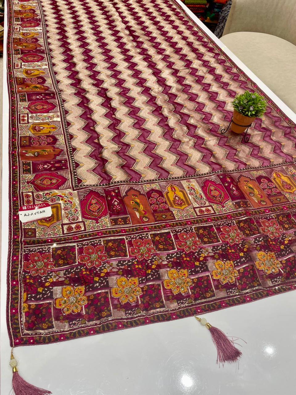 AJ-AVTAR FENDI SATIN SILK SAREE WITH POSITION STYLE WEAVING DESIGN WITH HEAVY PALLU WITH FIGURE TO FIGURE JARKAN WORK WITH PREMIUM DYING WITH BEAUTIFUL DAMAN DESIGN WITH BUTTI BLOUSE