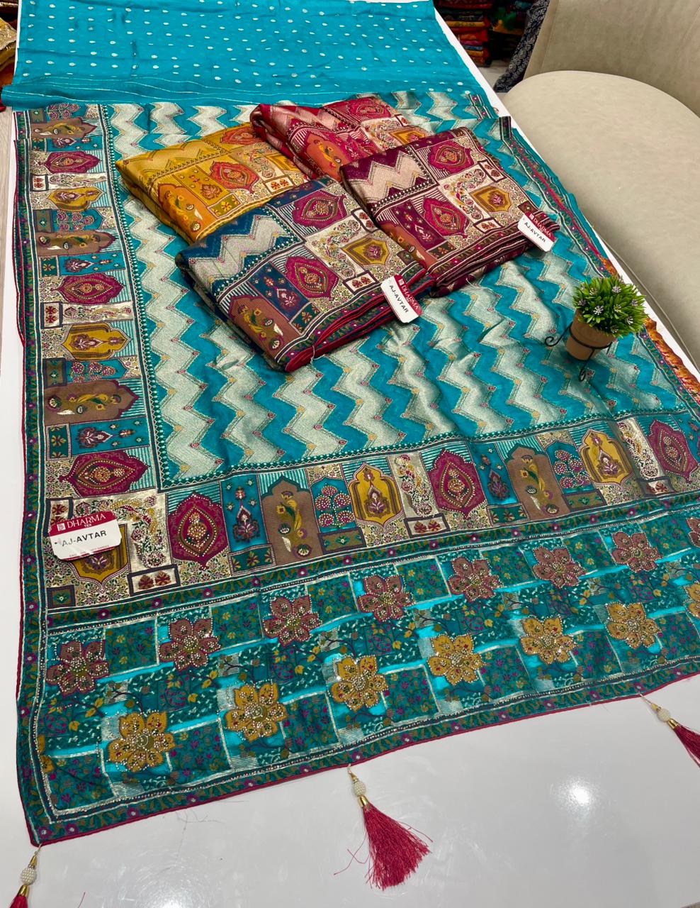 AJ-AVTAR FENDI SATIN SILK SAREE WITH POSITION STYLE WEAVING DESIGN WITH HEAVY PALLU WITH FIGURE TO FIGURE JARKAN WORK WITH PREMIUM DYING WITH BEAUTIFUL DAMAN DESIGN WITH BUTTI BLOUSE