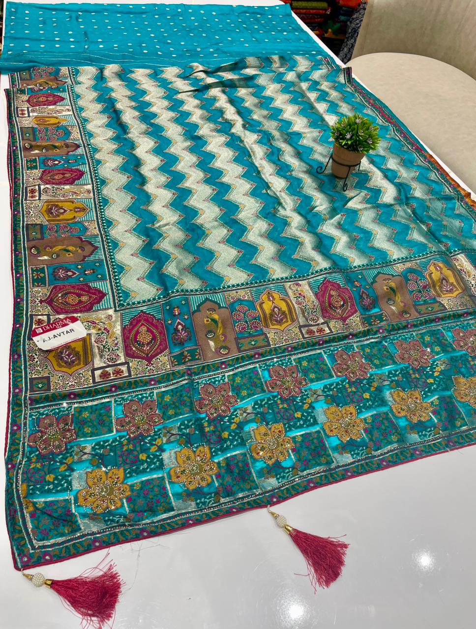 AJ-AVTAR FENDI SATIN SILK SAREE WITH POSITION STYLE WEAVING DESIGN WITH HEAVY PALLU WITH FIGURE TO FIGURE JARKAN WORK WITH PREMIUM DYING WITH BEAUTIFUL DAMAN DESIGN WITH BUTTI BLOUSE