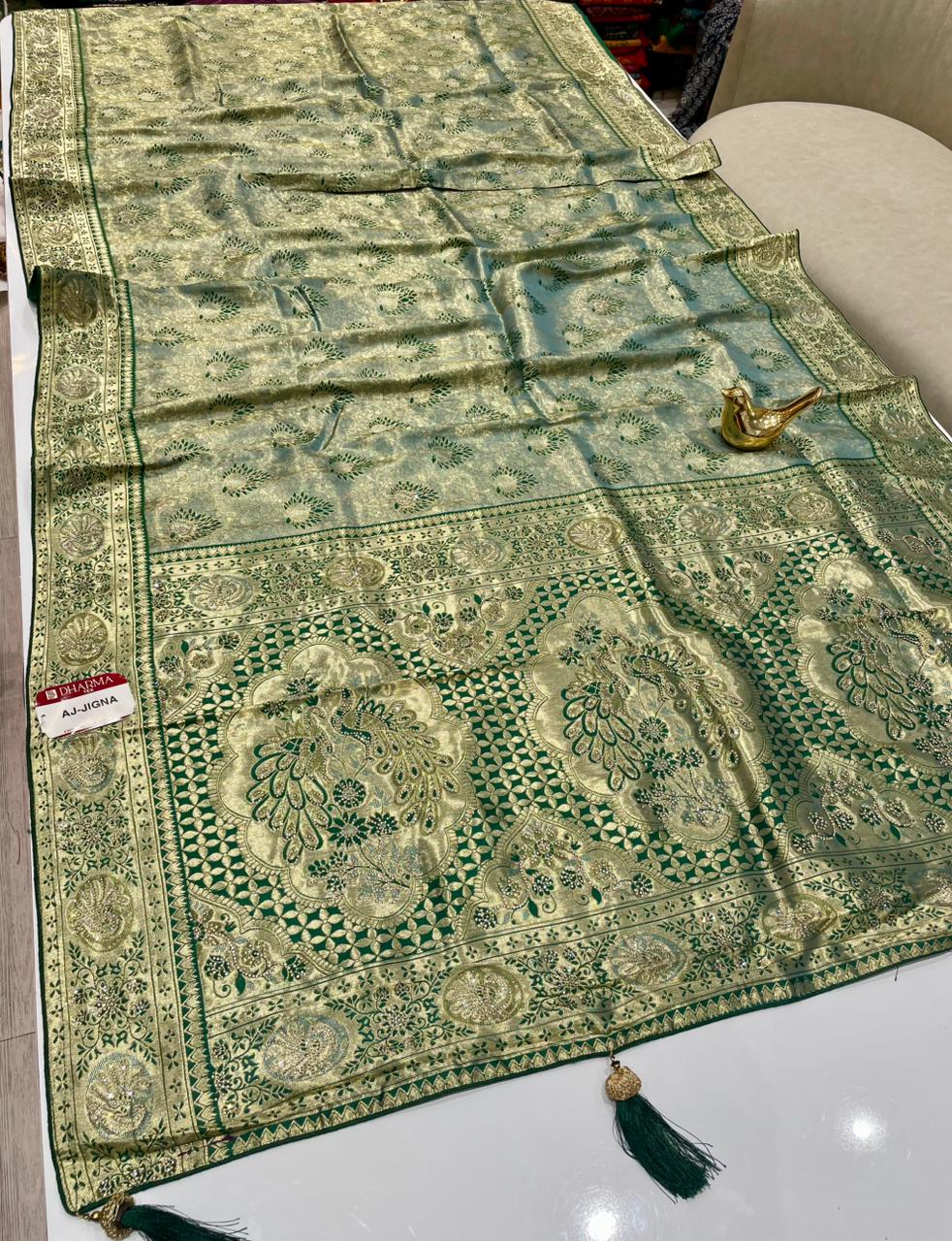 AJ-JIGNA KANJIVARAM SILK SAREE WITH SUPER HEAVY DESIGN WITH RICH PALLU WITH BEAUTIFUL PEACOCK DESIGN WITH JARKAN WORK AND ON BODY PEACOCK BUTTI DESIGN WITH DMC SIROSKI WORK AND WITH SUPER PREMIUM MATCHING WITH LUXURY TASSELS