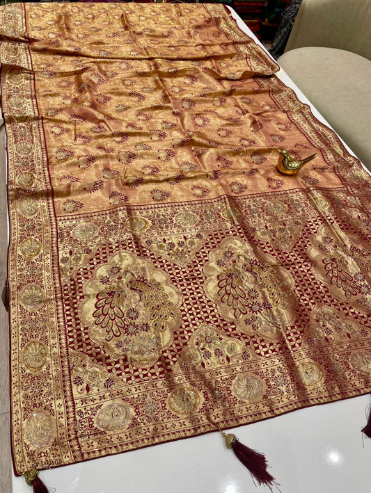 AJ-JIGNA KANJIVARAM SILK SAREE WITH SUPER HEAVY DESIGN WITH RICH PALLU WITH BEAUTIFUL PEACOCK DESIGN WITH JARKAN WORK AND ON BODY PEACOCK BUTTI DESIGN WITH DMC SIROSKI WORK AND WITH SUPER PREMIUM MATCHING WITH LUXURY TASSELS