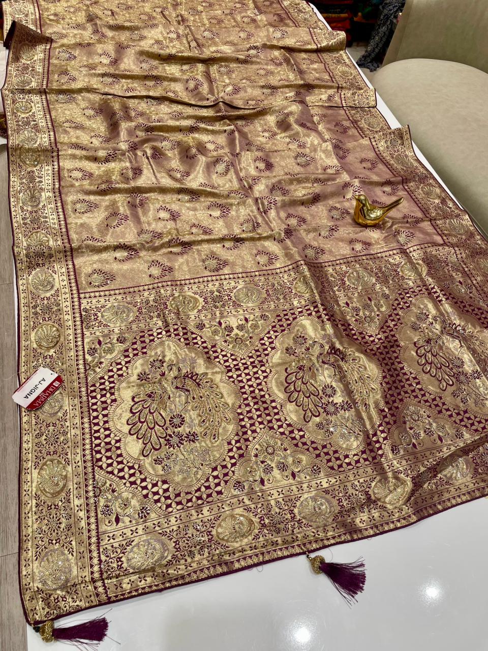 AJ-JIGNA KANJIVARAM SILK SAREE WITH SUPER HEAVY DESIGN WITH RICH PALLU WITH BEAUTIFUL PEACOCK DESIGN WITH JARKAN WORK AND ON BODY PEACOCK BUTTI DESIGN WITH DMC SIROSKI WORK AND WITH SUPER PREMIUM MATCHING WITH LUXURY TASSELS