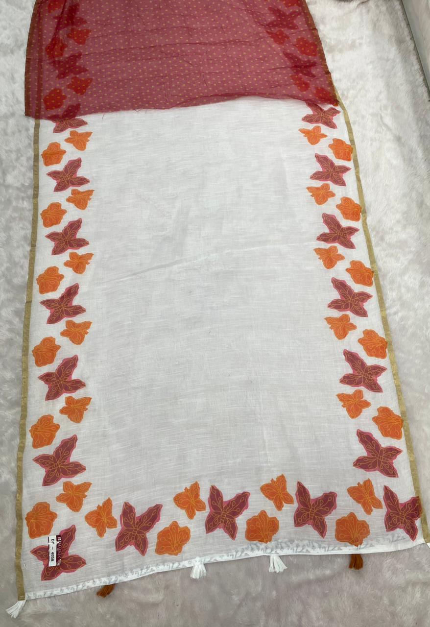 DP-4058 LINEN FABRIC SAREE WITH BEAUTIFUL OPEN PALLU WITH FLORAL DEIGN WITH TASSELS AND BLOUSE