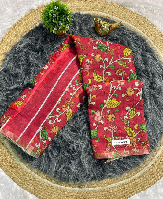 DP-4059 LINEN FABRIC SAREE WITH BEAUTIFUL PALLU WITH FLORAL DEIGN WITH TASSELS AND BLOUSE