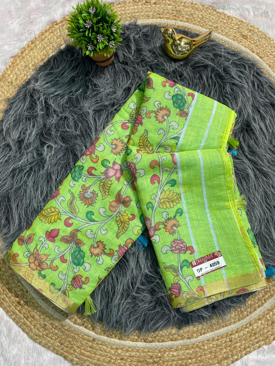 DP-4059 LINEN FABRIC SAREE WITH BEAUTIFUL PALLU WITH FLORAL DEIGN WITH TASSELS AND BLOUSE