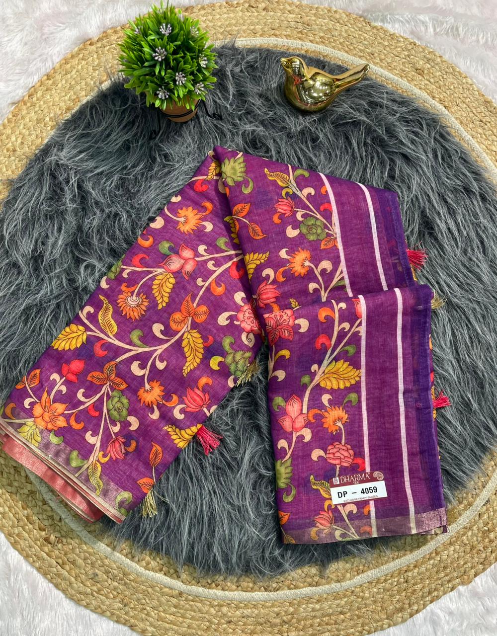 DP-4059 LINEN FABRIC SAREE WITH BEAUTIFUL PALLU WITH FLORAL DEIGN WITH TASSELS AND BLOUSE