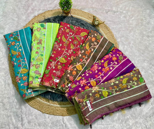DP-4059 LINEN FABRIC SAREE WITH BEAUTIFUL PALLU WITH FLORAL DEIGN WITH TASSELS AND BLOUSE