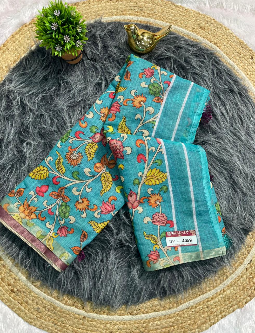 DP-4059 LINEN FABRIC SAREE WITH BEAUTIFUL PALLU WITH FLORAL DEIGN WITH TASSELS AND BLOUSE