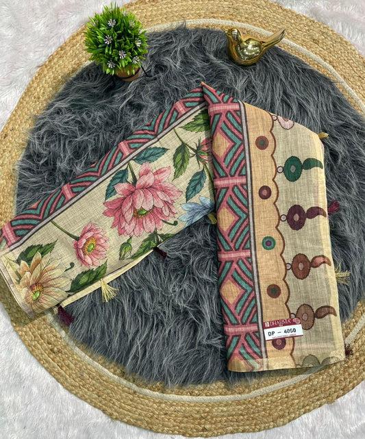 DP-4060 LINEN FABRIC SAREE WITH BEAUTIFUL PALLU WITH FLORAL DEIGN WITH TASSELS AND BLOUSE