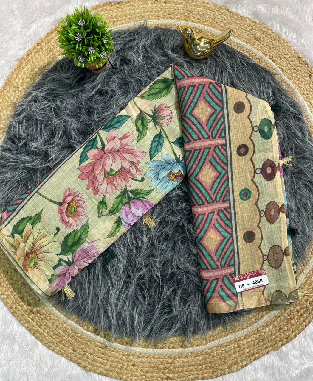DP-4060 LINEN FABRIC SAREE WITH BEAUTIFUL PALLU WITH FLORAL DEIGN WITH TASSELS AND BLOUSE