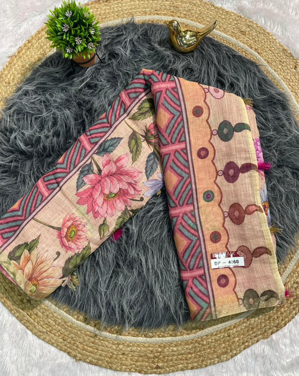 DP-4060 LINEN FABRIC SAREE WITH BEAUTIFUL PALLU WITH FLORAL DEIGN WITH TASSELS AND BLOUSE