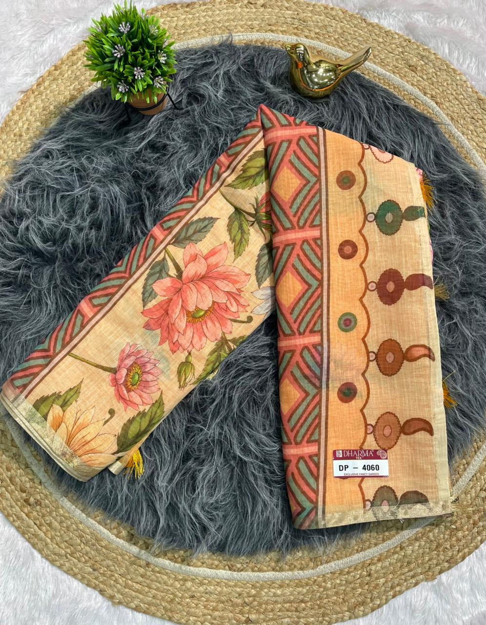 DP-4060 LINEN FABRIC SAREE WITH BEAUTIFUL PALLU WITH FLORAL DEIGN WITH TASSELS AND BLOUSE