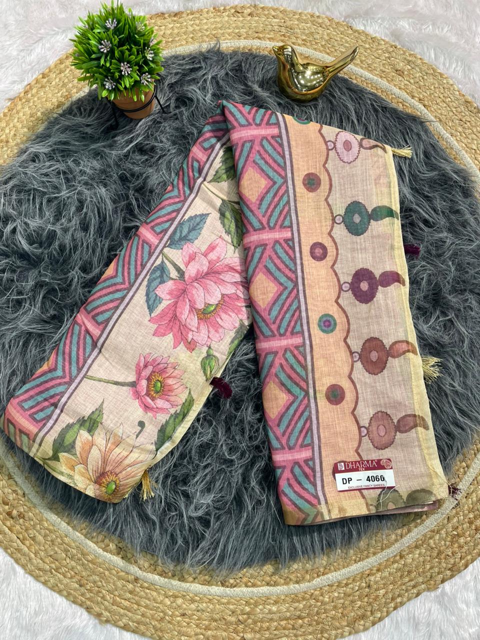 DP-4060 LINEN FABRIC SAREE WITH BEAUTIFUL PALLU WITH FLORAL DEIGN WITH TASSELS AND BLOUSE