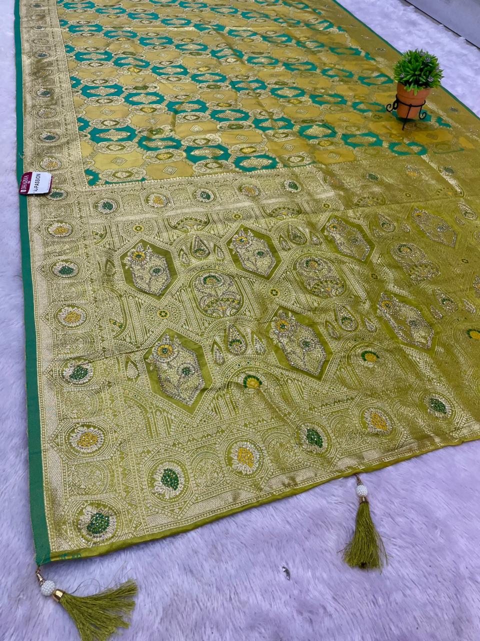 AJ-PASSION SATIN SILK FABRIC SAREE WITH HEAVY EMBROIDERY WORK WITH AD JARKAN WORK WITH BEAUTIFUL DESIGN WITH MEENAKARI WORK AND LUXURIOUS TASSELS WITH BLOUSE