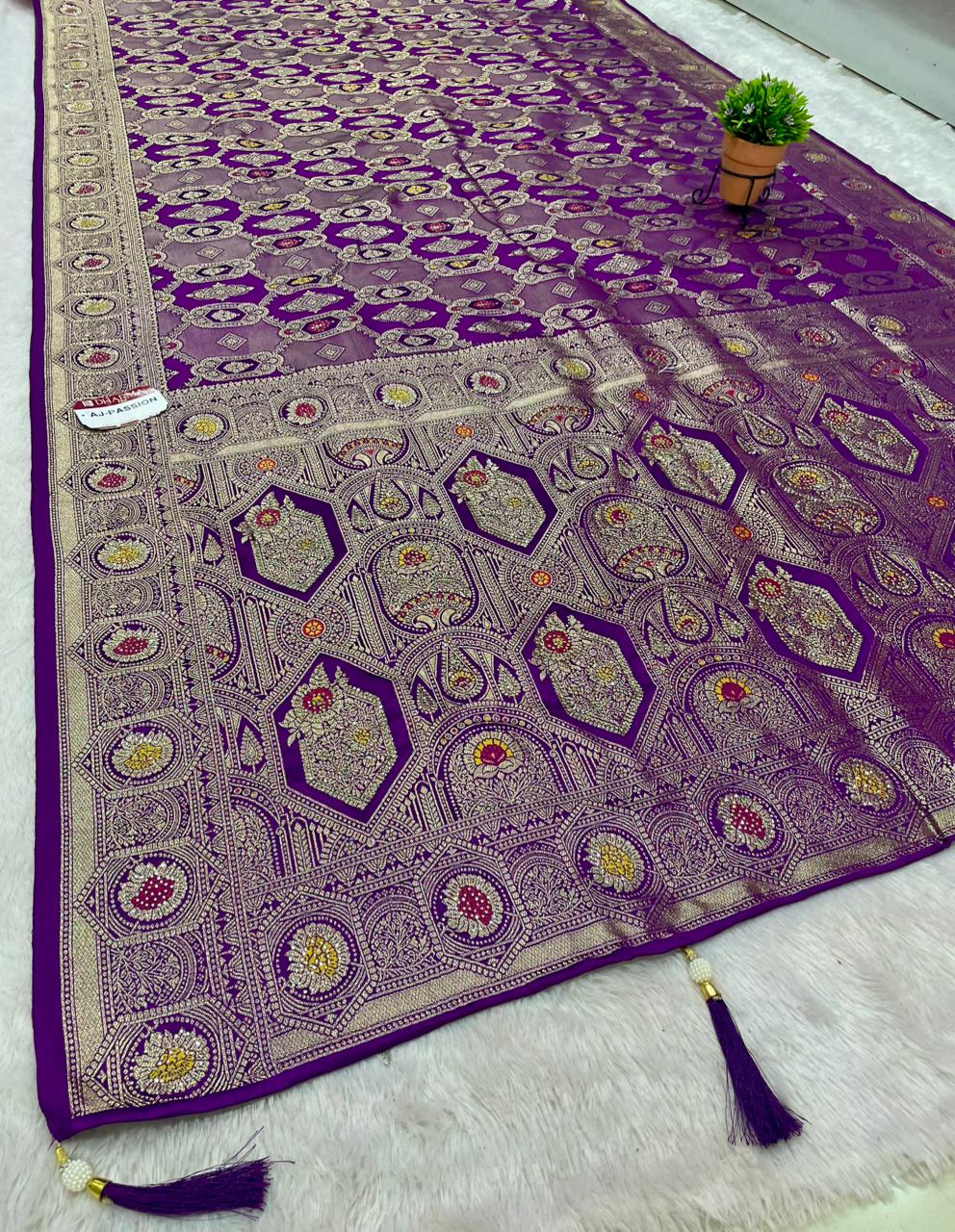 AJ-PASSION SATIN SILK FABRIC SAREE WITH HEAVY EMBROIDERY WORK WITH AD JARKAN WORK WITH BEAUTIFUL DESIGN WITH MEENAKARI WORK AND LUXURIOUS TASSELS WITH BLOUSE