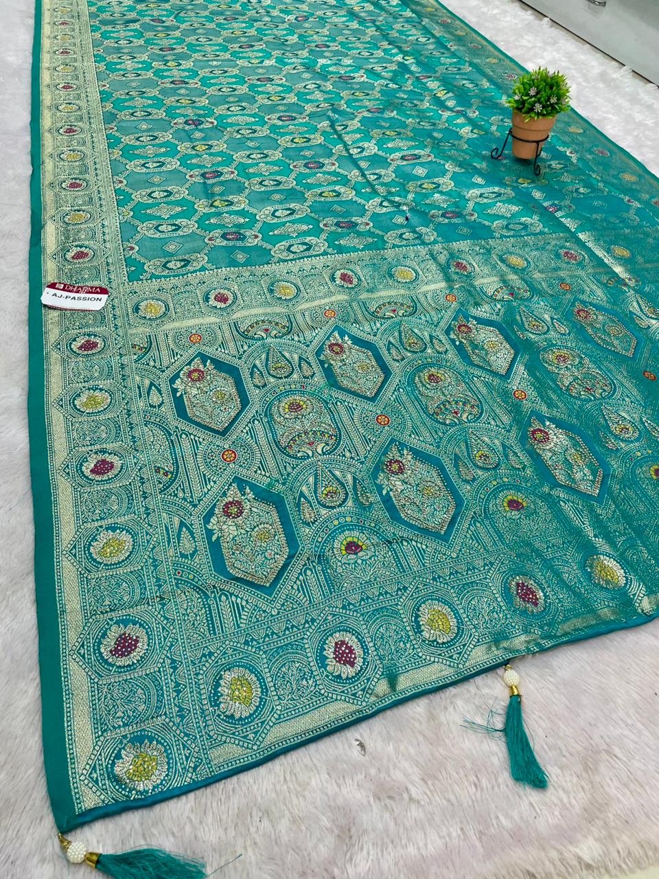 AJ-PASSION SATIN SILK FABRIC SAREE WITH HEAVY EMBROIDERY WORK WITH AD JARKAN WORK WITH BEAUTIFUL DESIGN WITH MEENAKARI WORK AND LUXURIOUS TASSELS WITH BLOUSE