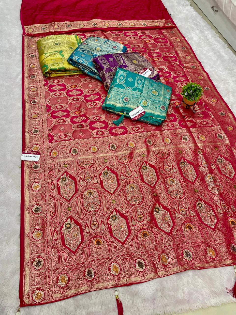 AJ-PASSION SATIN SILK FABRIC SAREE WITH HEAVY EMBROIDERY WORK WITH AD JARKAN WORK WITH BEAUTIFUL DESIGN WITH MEENAKARI WORK AND LUXURIOUS TASSELS WITH BLOUSE