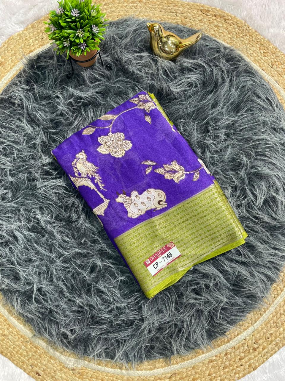 CP-7148 DOLA FABRIC SAREE WITH BEAUTIFUL COW AND FKORAL DESIGN WITH JACUARD BORDER WITH CONTRAST PALLU AND BLOUSE