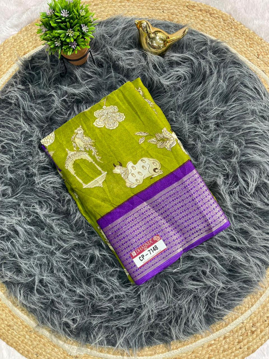 CP-7148 DOLA FABRIC SAREE WITH BEAUTIFUL COW AND FKORAL DESIGN WITH JACUARD BORDER WITH CONTRAST PALLU AND BLOUSE