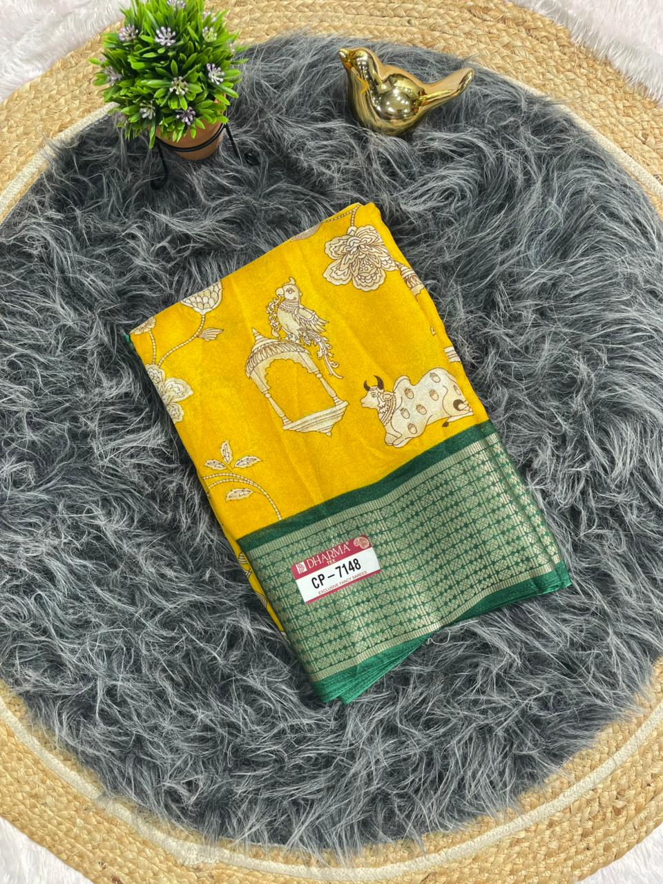 CP-7148 DOLA FABRIC SAREE WITH BEAUTIFUL COW AND FKORAL DESIGN WITH JACUARD BORDER WITH CONTRAST PALLU AND BLOUSE