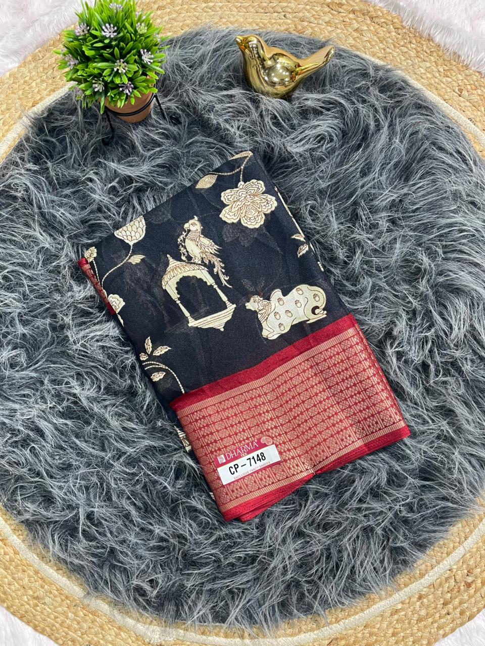 CP-7148 DOLA FABRIC SAREE WITH BEAUTIFUL COW AND FKORAL DESIGN WITH JACUARD BORDER WITH CONTRAST PALLU AND BLOUSE