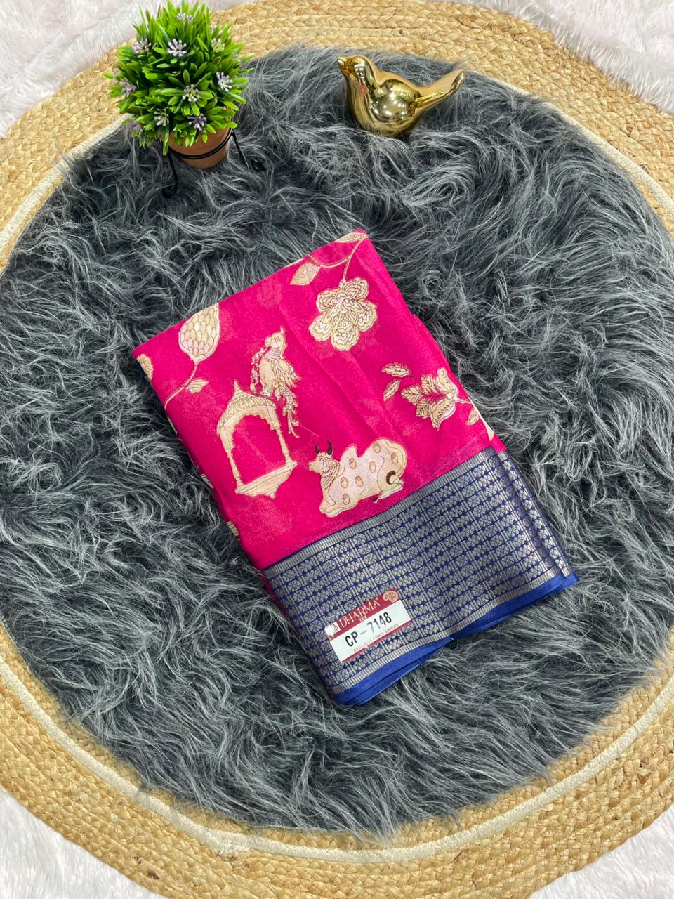 CP-7148 DOLA FABRIC SAREE WITH BEAUTIFUL COW AND FKORAL DESIGN WITH JACUARD BORDER WITH CONTRAST PALLU AND BLOUSE