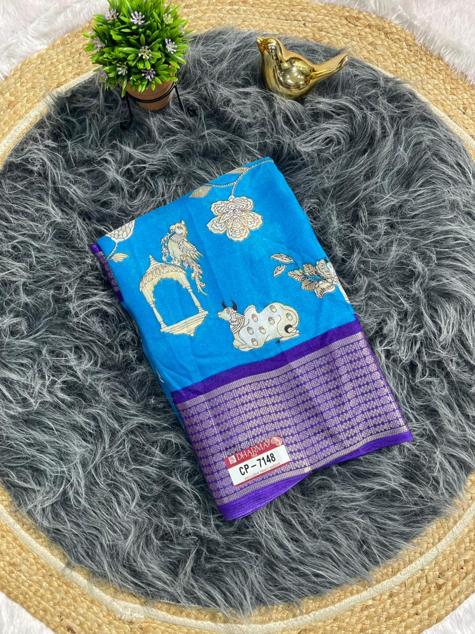 CP-7148 DOLA FABRIC SAREE WITH BEAUTIFUL COW AND FKORAL DESIGN WITH JACUARD BORDER WITH CONTRAST PALLU AND BLOUSE