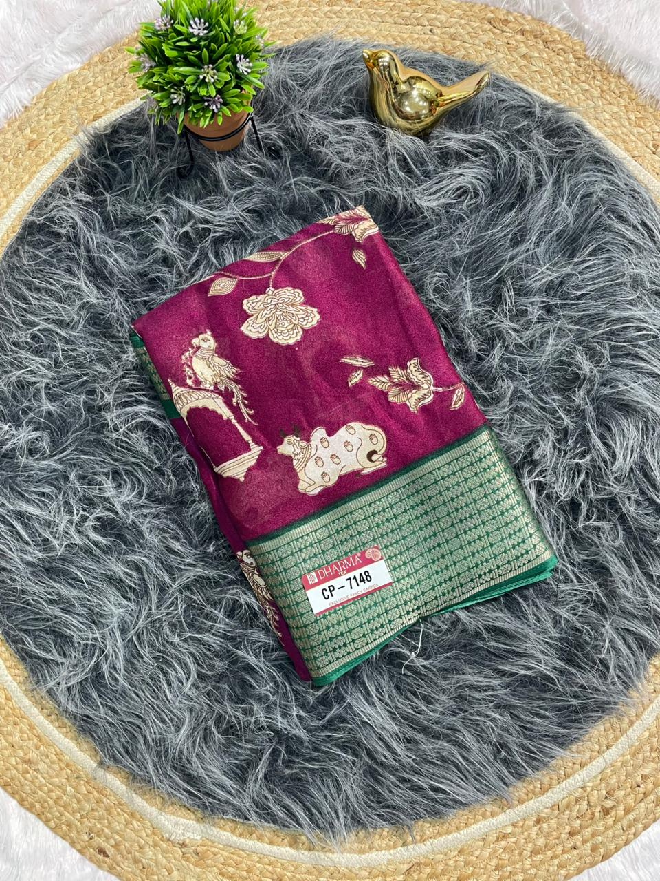 CP-7148 DOLA FABRIC SAREE WITH BEAUTIFUL COW AND FKORAL DESIGN WITH JACUARD BORDER WITH CONTRAST PALLU AND BLOUSE