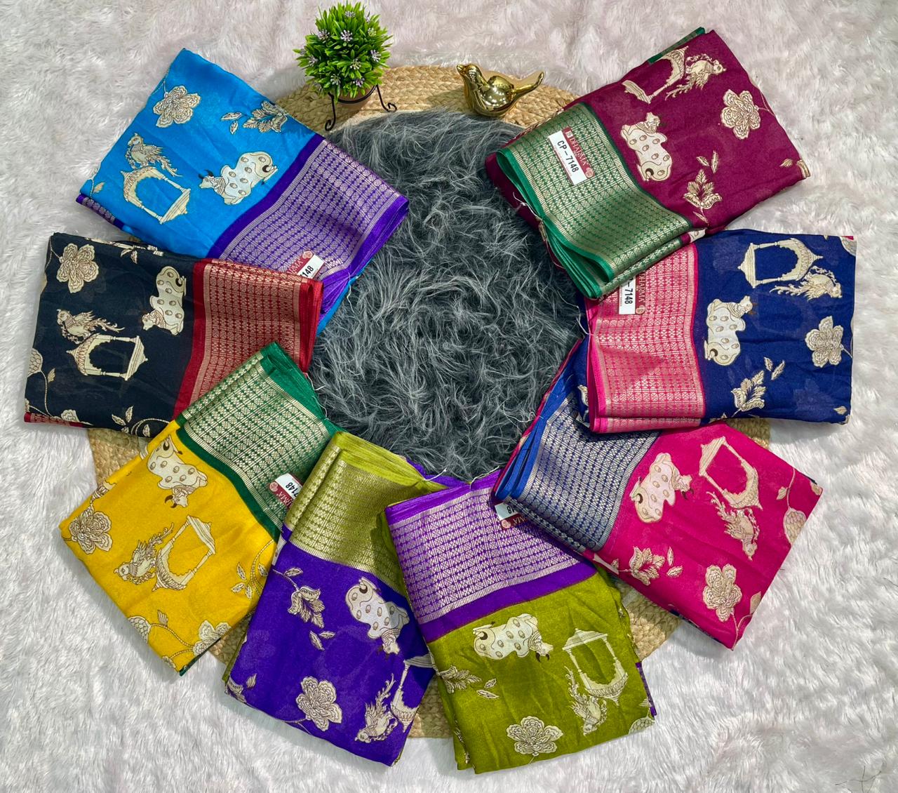 CP-7148 DOLA FABRIC SAREE WITH BEAUTIFUL COW AND FKORAL DESIGN WITH JACUARD BORDER WITH CONTRAST PALLU AND BLOUSE