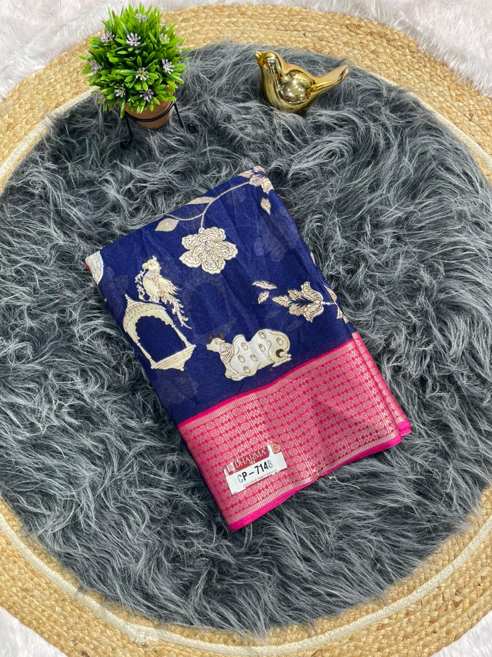 CP-7148 DOLA FABRIC SAREE WITH BEAUTIFUL COW AND FKORAL DESIGN WITH JACUARD BORDER WITH CONTRAST PALLU AND BLOUSE