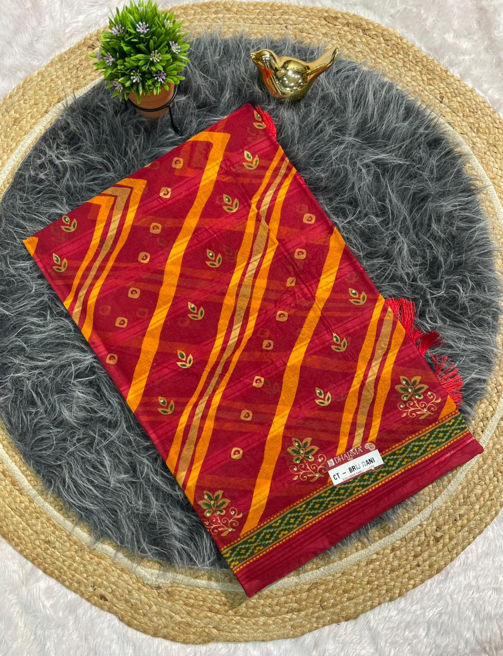 CT-BRIJ RANI SUTI COTTON FABRIC SAREE WITH BEAUTIFUL CHUNRI PRINT WITH TASSELS AND WITHOUT BLOUSE