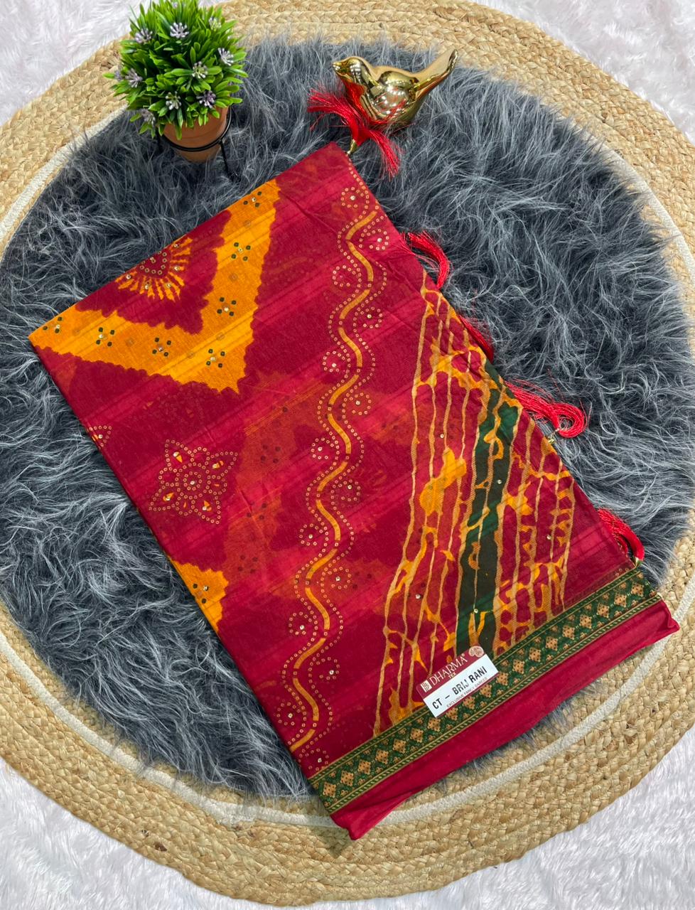 CT-BRIJ RANI SUTI COTTON FABRIC SAREE WITH BEAUTIFUL CHUNRI PRINT WITH TASSELS AND WITHOUT BLOUSE