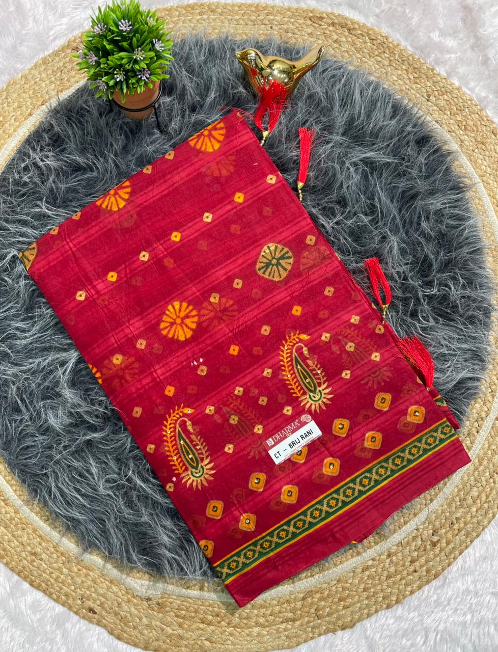 CT-BRIJ RANI SUTI COTTON FABRIC SAREE WITH BEAUTIFUL CHUNRI PRINT WITH TASSELS AND WITHOUT BLOUSE
