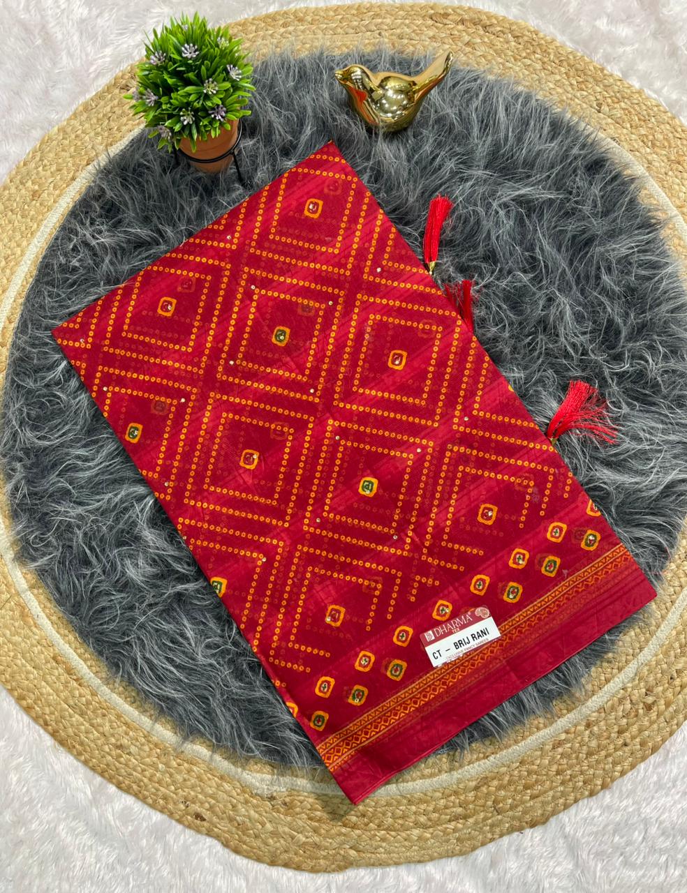 CT-BRIJ RANI SUTI COTTON FABRIC SAREE WITH BEAUTIFUL CHUNRI PRINT WITH TASSELS AND WITHOUT BLOUSE