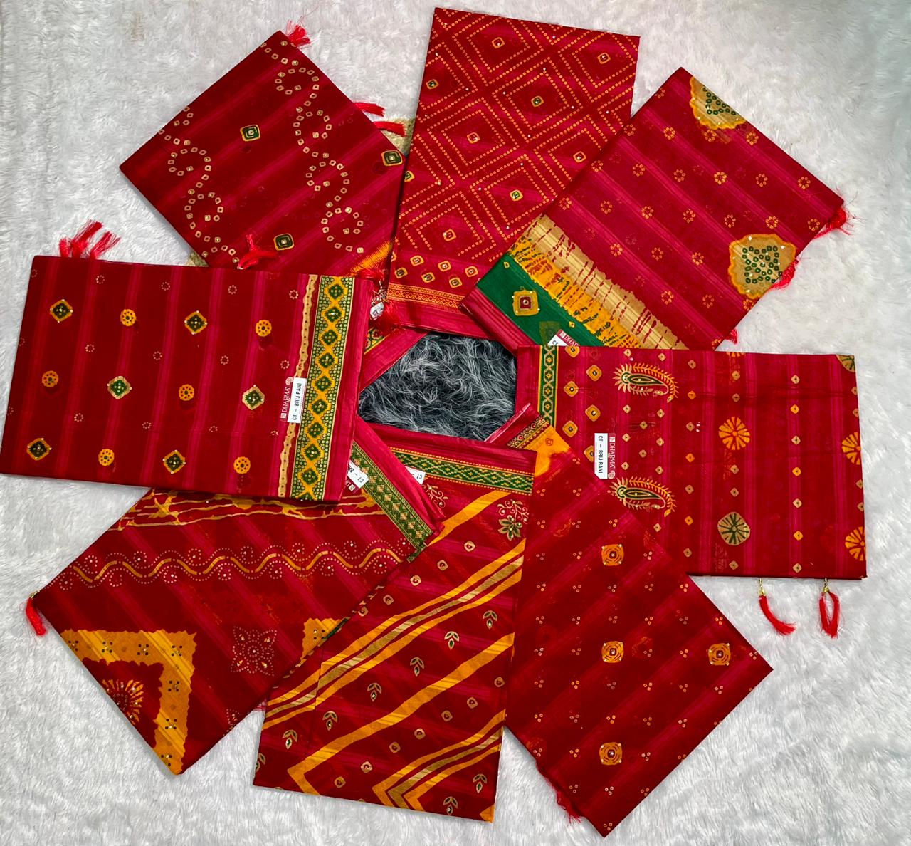CT-BRIJ RANI SUTI COTTON FABRIC SAREE WITH BEAUTIFUL CHUNRI PRINT WITH TASSELS AND WITHOUT BLOUSE