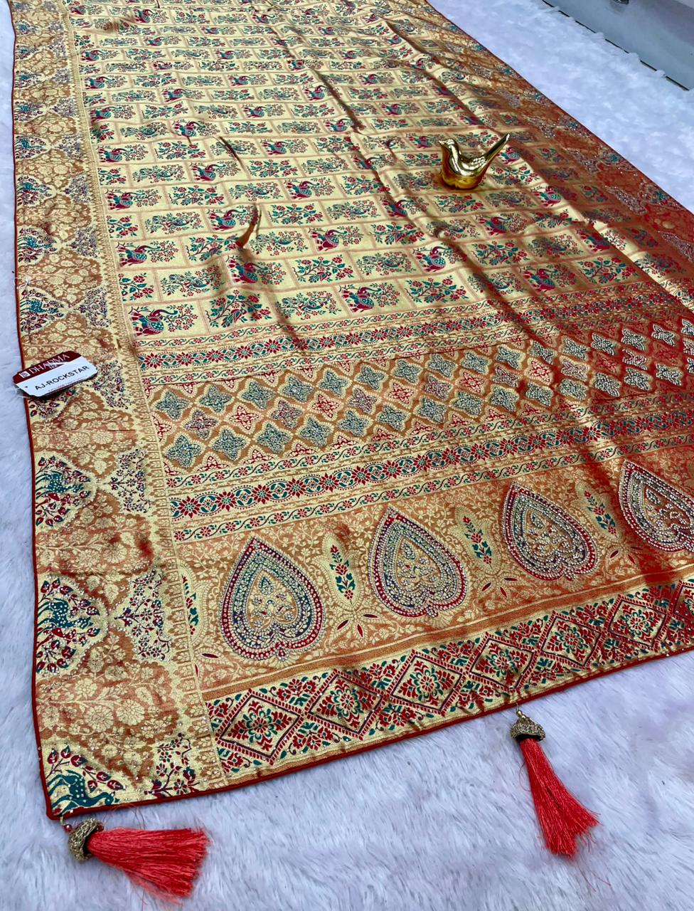 AJ-ROCKSTAR TISSUE FABRIC SAREE WITH RICH PALLU DESIGN WITH GAJRAJ AND PEAOCK DESIGN WITH HEAVY JARKAN WORK WITH MEENAKARI WORK WITH BROCADE BLOUSE WITH LUXURIOUS TASSELS