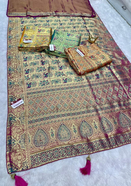 AJ-ROCKSTAR TISSUE FABRIC SAREE WITH RICH PALLU DESIGN WITH GAJRAJ AND PEAOCK DESIGN WITH HEAVY JARKAN WORK WITH MEENAKARI WORK WITH BROCADE BLOUSE WITH LUXURIOUS TASSELS