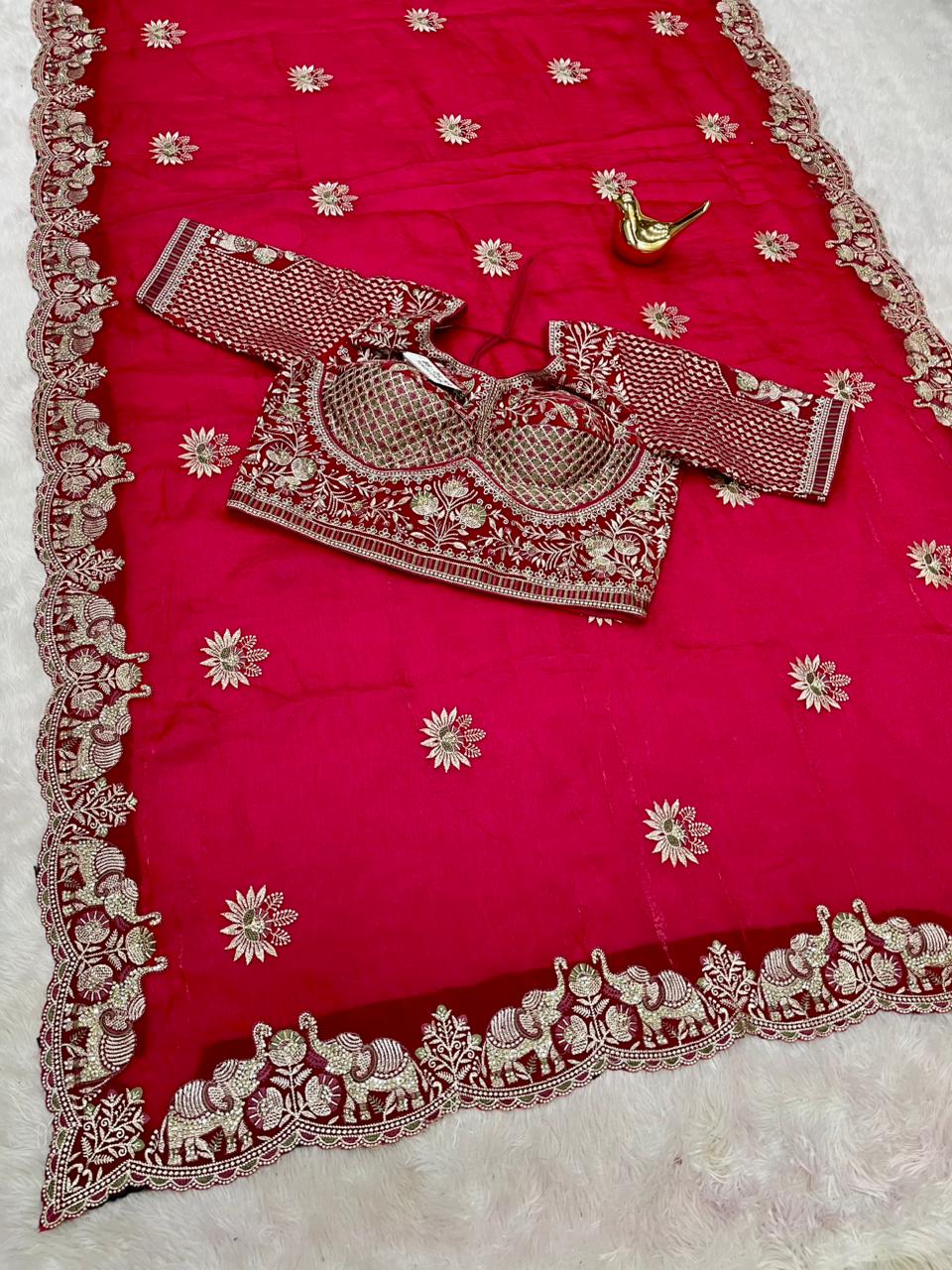 BS-DIL KA TUKDA-DARK FENDI SATIN FABRIC SAREE WITH HEAVY EMBROIDERY WORK AND THREAD WORK WITH BEAUTIFUL ELEPHANT AND FLOWER DESIGN WITHHEAVY JARKAN WORK WITH HEAVY STICHED  BLOUSE AND GIRLISH MODERN LOOK SAREE
