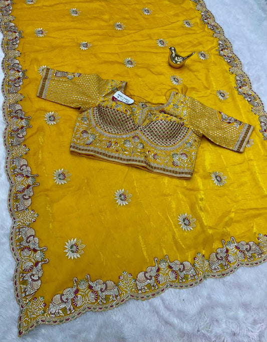 BS-DIL KA TUKDA-DARK FENDI SATIN FABRIC SAREE WITH HEAVY EMBROIDERY WORK AND THREAD WORK WITH BEAUTIFUL ELEPHANT AND FLOWER DESIGN WITHHEAVY JARKAN WORK WITH HEAVY STICHED  BLOUSE AND GIRLISH MODERN LOOK SAREE