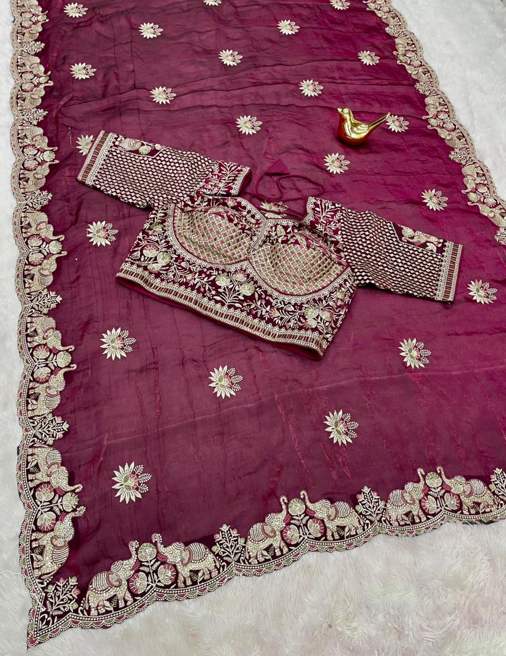 BS-DIL KA TUKDA-DARK FENDI SATIN FABRIC SAREE WITH HEAVY EMBROIDERY WORK AND THREAD WORK WITH BEAUTIFUL ELEPHANT AND FLOWER DESIGN WITHHEAVY JARKAN WORK WITH HEAVY STICHED  BLOUSE AND GIRLISH MODERN LOOK SAREE